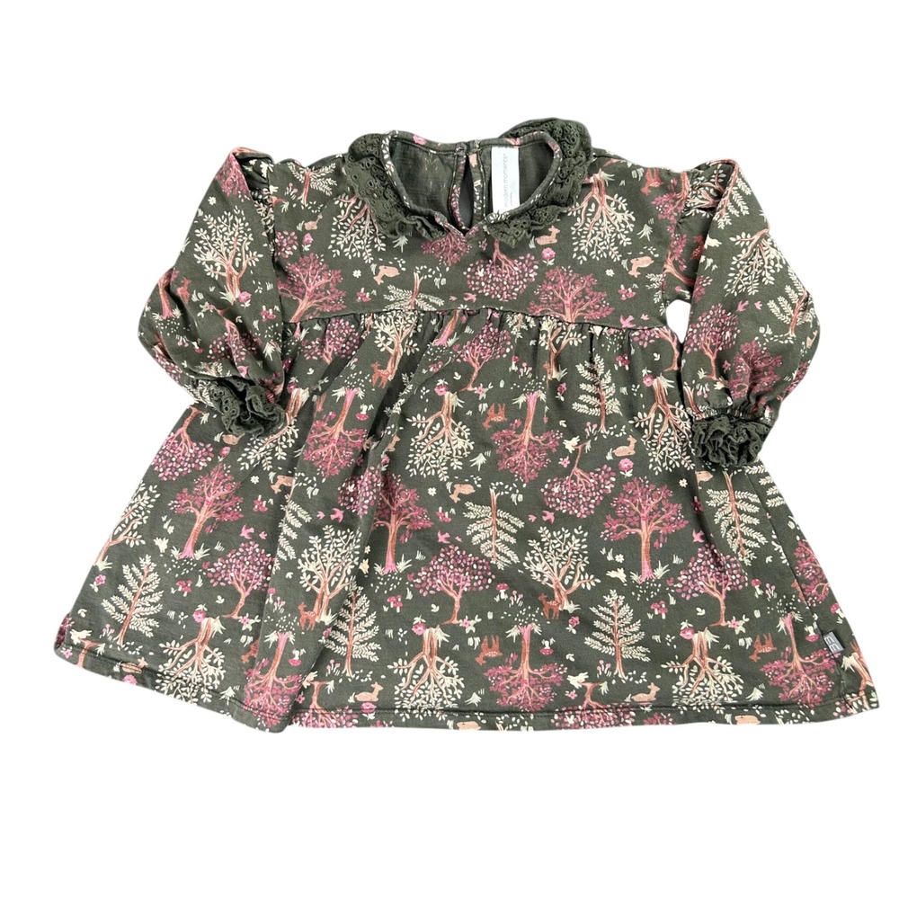 Modern Moments Gerber Woodland Forest Print Dress Ruffle Collar Toddler Girls 2T
